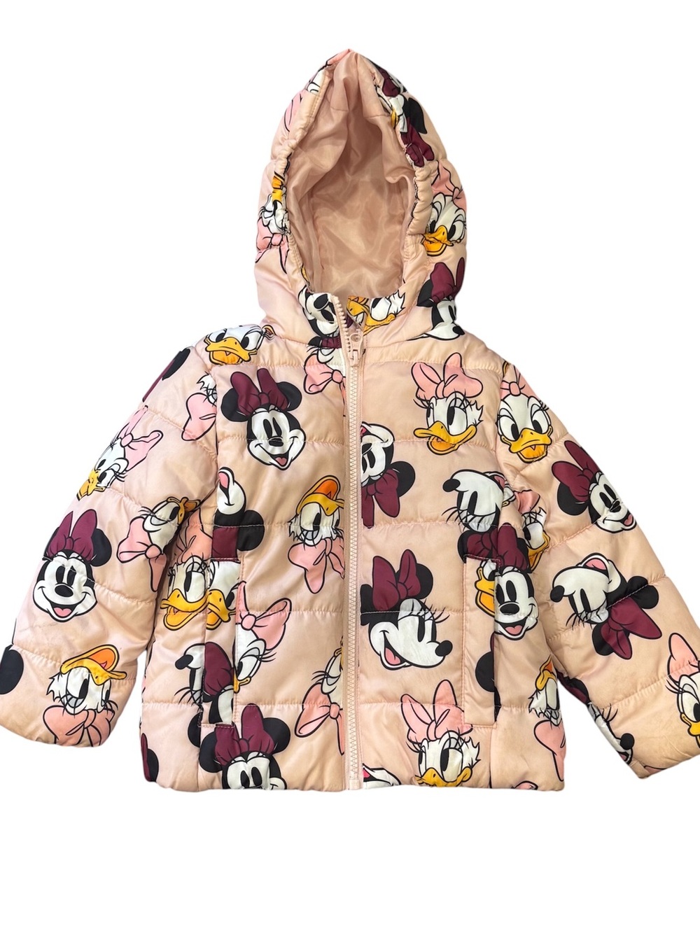 Disney Minnie Mouse Daisy Duck Girls Puffer Jacket 3T Pink Hooded Full Zip Coat